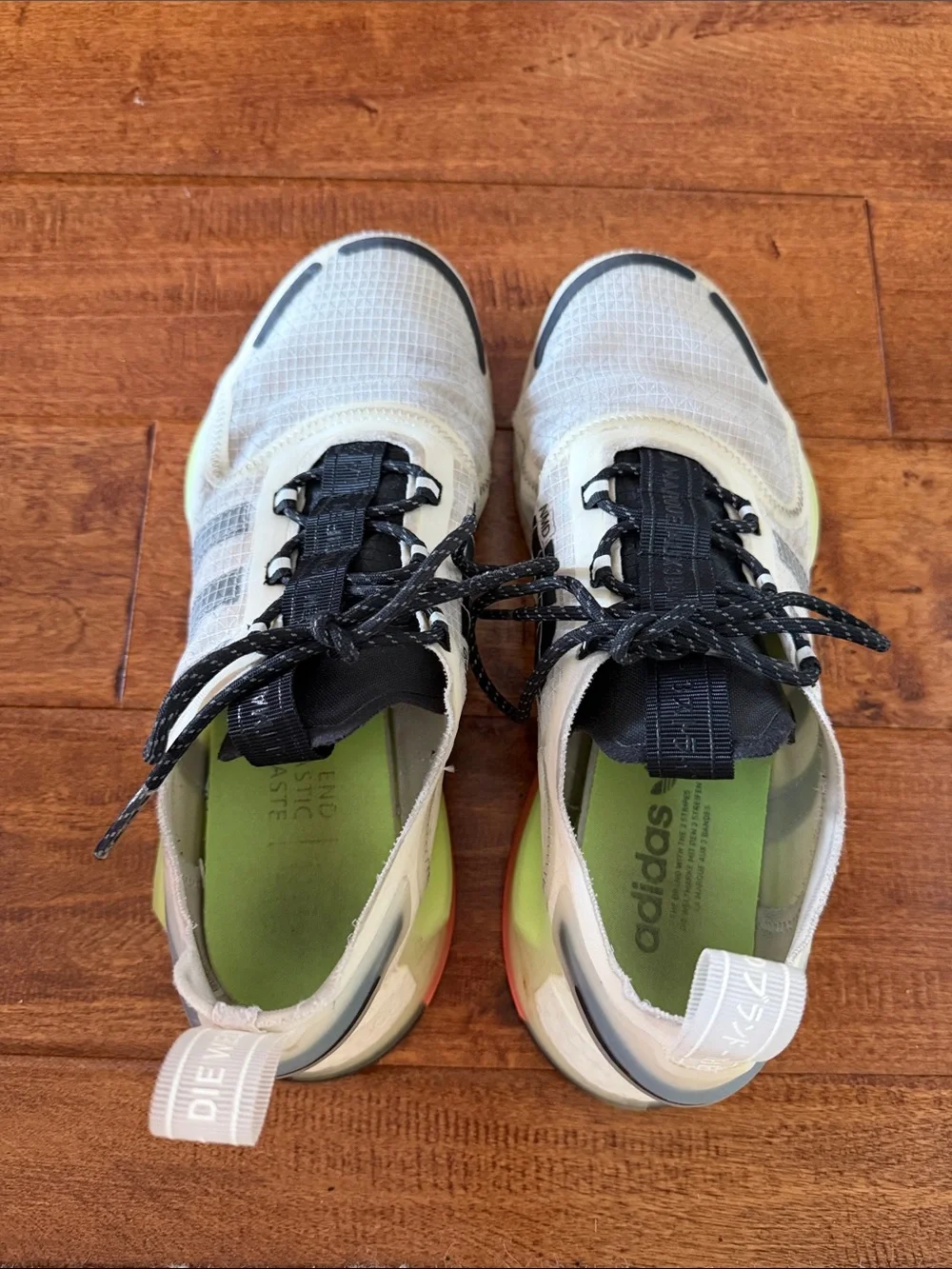 adidas White Sneakers with Black Stripes and Neon Green Accents